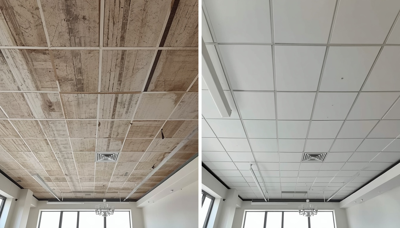 Before and after of a commercial building exposed ceiling upgrade in Maidstone