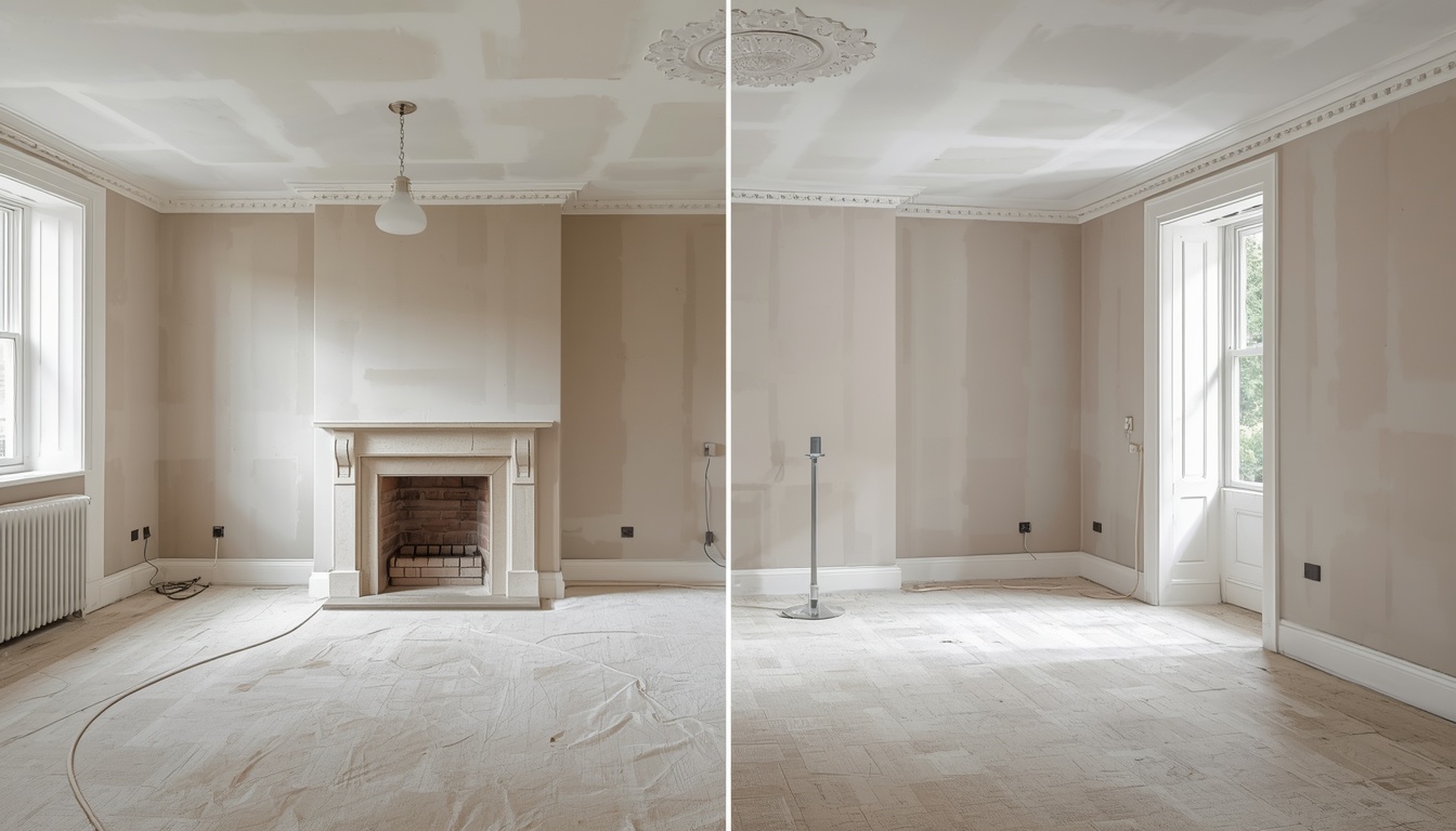 Before and after of an Edwardian house living room drylining in Maidstone