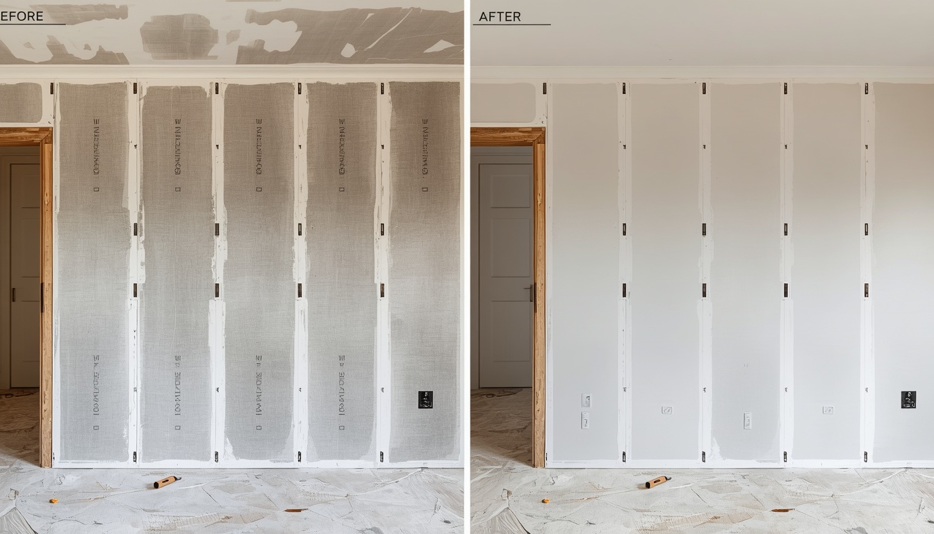 Before and after of a new-build partition wall in Maidstone — metal stud framing to skim-finished plasterboard