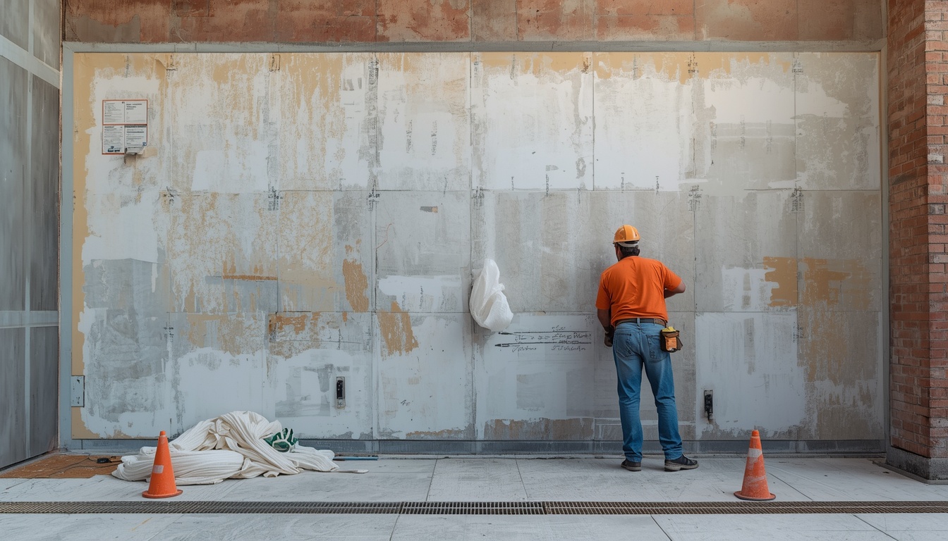Drylining contractor in hi-vis working on a commercial wall in Maidstone