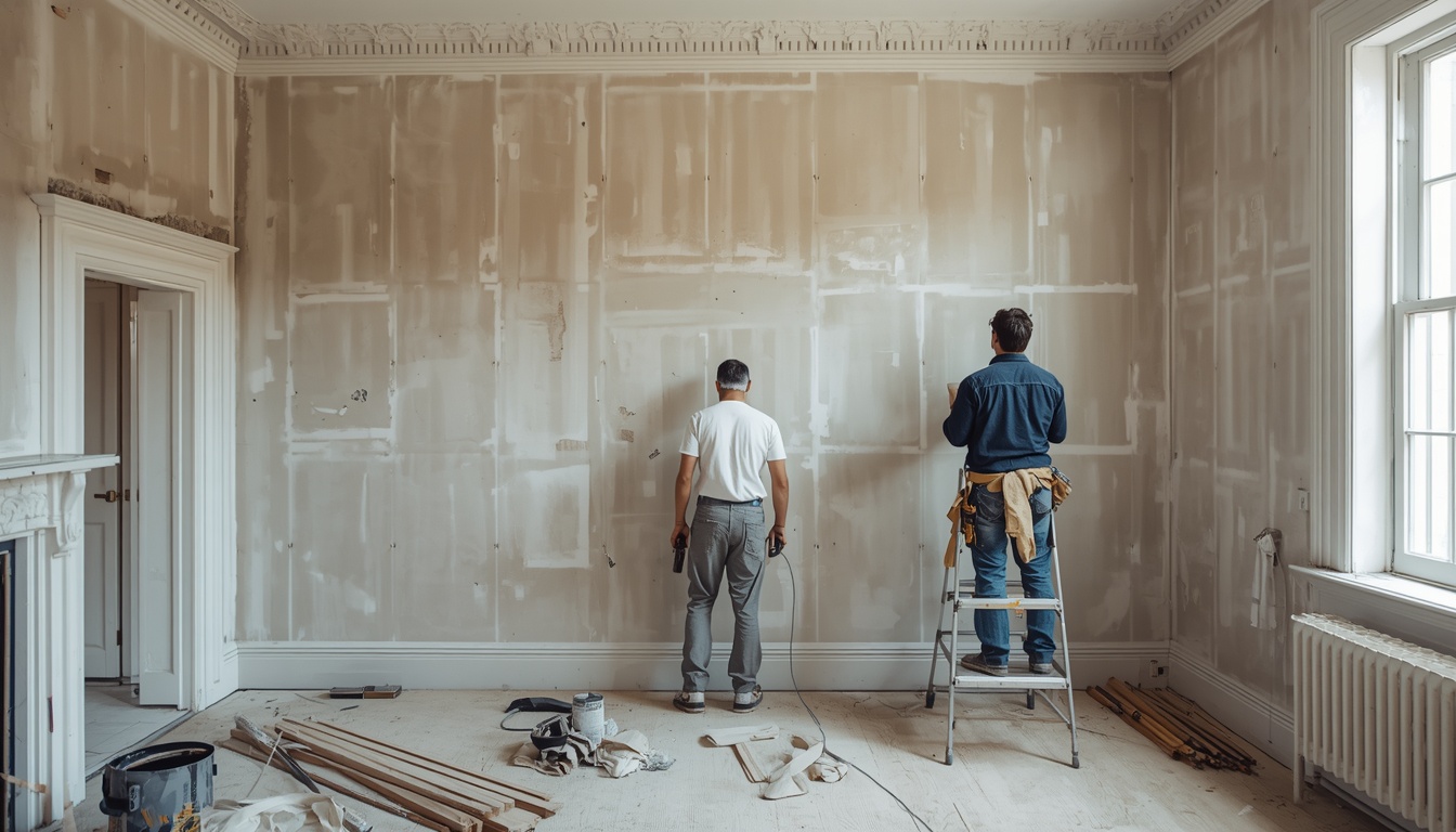 Drylining contractors installing a partition wall in a Victorian house in Maidstone